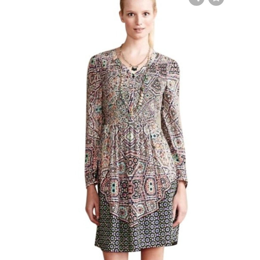 Anthropologie Maeve Smoked Long Sleeve Dress